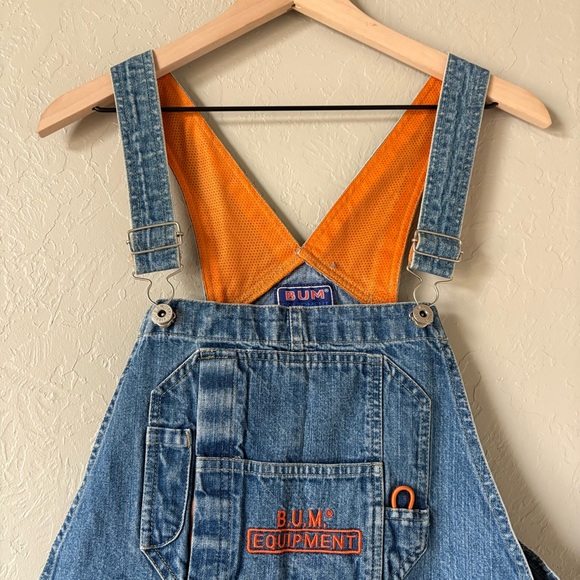 Vintage 90s B.U.M. Equipment Denim Short Overalls | Orange Mesh Lined | L - Picture 5 of 14